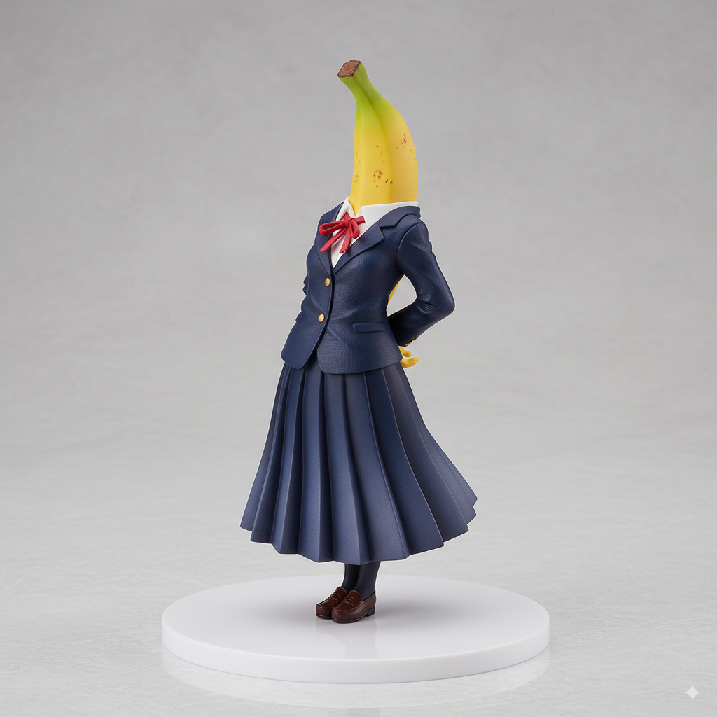 A 1:7 scale collectible figure featuring a ripe yellow banana for a head, dressed in a detailed Japanese school uniform. The uniform consists of a dark blue blazer with a red bow tie, a white shirt, and a gracefully pleated dark blue skirt with subtle gradient shadows. The figure stands in a relaxed pose with hands behind its back, on a plain circular white base. The scene is illuminated by soft, diffused studio lighting against a light gray background.